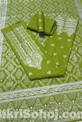 কাতান স্ক্রিন প্রিন্ট থ্রি পিস (সাদা গ্লিটার)